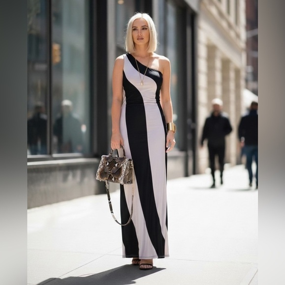 Trina Turk Dresses & Skirts - Trina Turk Black and Tan One-Shoulder Colorblock Maxi Dress